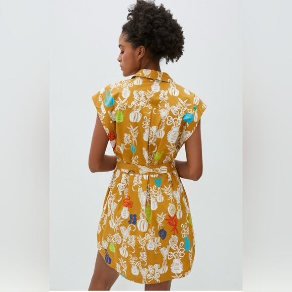 ANTHROPOLOGIE MAEVE TONIGHT TUNIC DRESS MUSTARD COTTON FLORAL BELTED XS - Picture 2 of 10